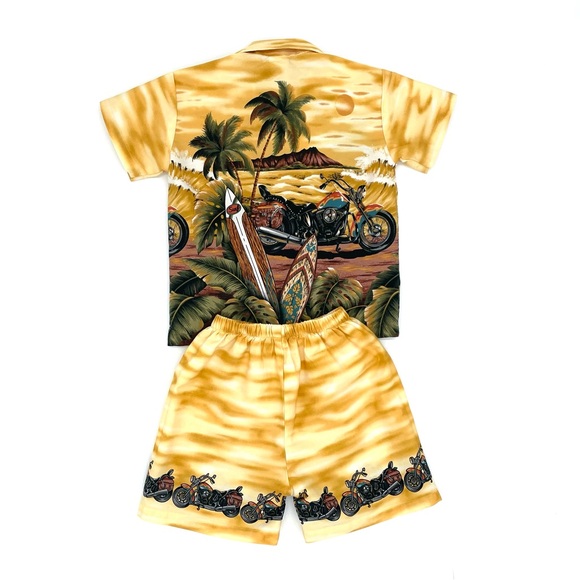 EUC KY’S Hawaiian Aloha Motorcycle Short Sleeve Shirt & Short Set in Yellow 2 - Picture 7 of 10